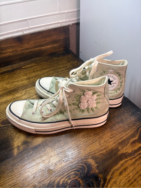 Converse Shoes - Converse green floral embroidered high top sneakers size W7